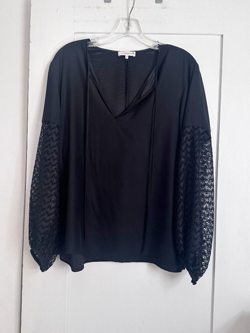 Lafayette 148 New York Black 100% Silk Blouse L Lace Balloon Sleeve Tie Neck